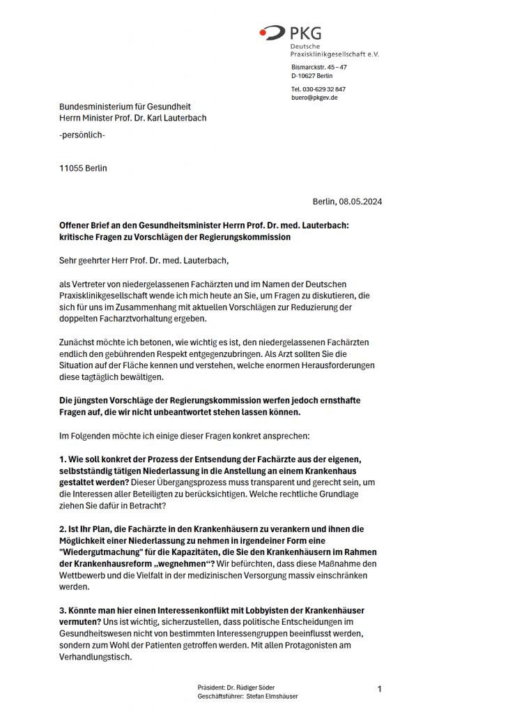 Offener Brief an den Gesundheitsminister Herrn Prof. Dr. med. Lauterbach: kritische Fragen zu Vorschlägen der Regierungskommission